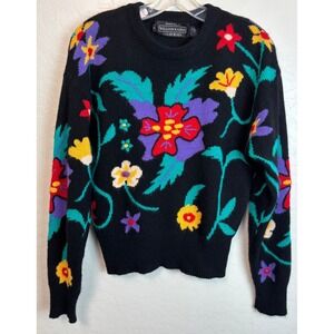 William Kasper California Black Floral Cashmere Sweater Women's Size S 2040